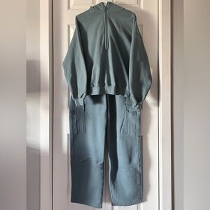 Aritzia Cozy Fleece 1/2 Zip Hoodie & Cargo Sweatpants Matching Set in Tidal Blue